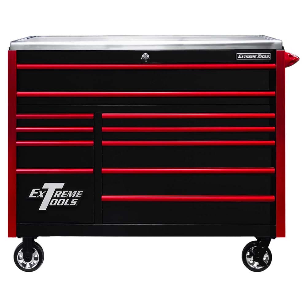 Black Extreme Tools 55 Roller Cabinet With Red Drawer Handles And Side Panels Featuring A Top Work Surface And Mounted On Caster Wheels