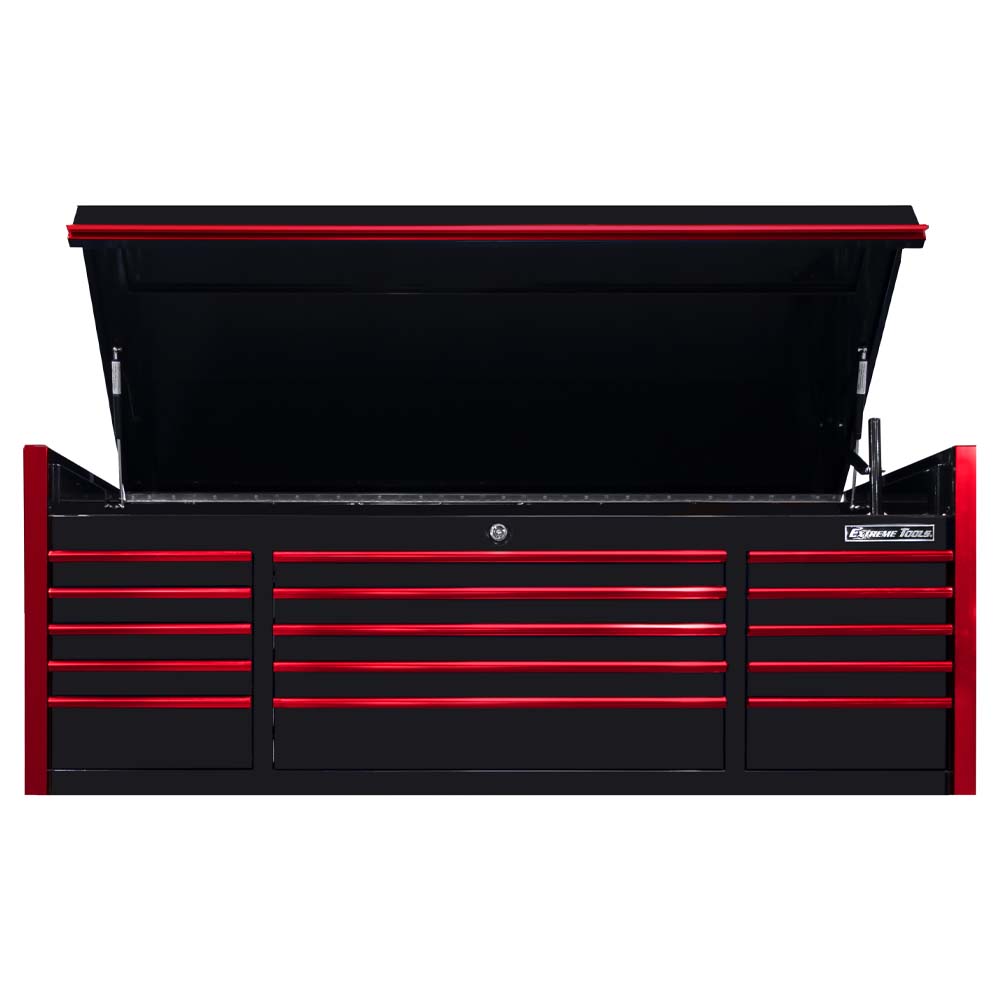Black Extreme Tools 72 Inch 15 Drawer Triple Bank Top Chest With Red Handles