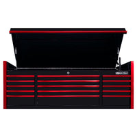 Black Extreme Tools 72 Inch 15 Drawer Triple Bank Top Chest With Red Handles