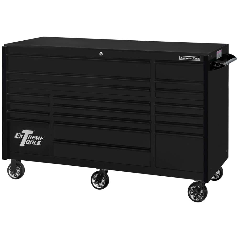 Black Extreme Tools 72 RX Series 19 Drawer Tool Chest With Matching Black Drawer Handles And Wheels