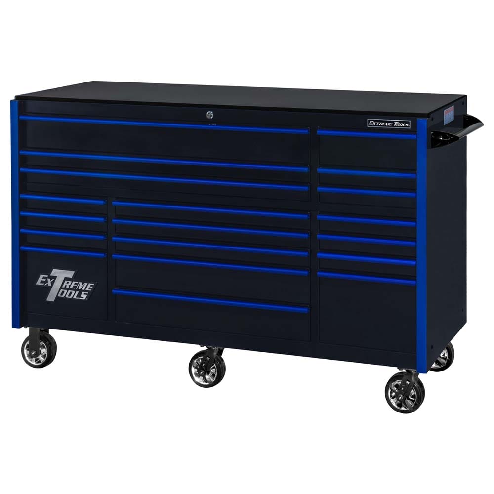 Black Extreme Tools 72 RX Series Tool Chest With Blue Drawer Handles And Wheels Featuring The Extreme Tools Logo