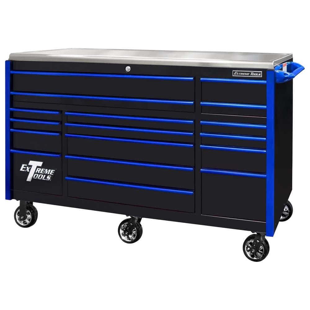 Black Extreme Tools 72 Roller Cabinet With Multiple Blue Accented Drawers And A Stainless Steel Top Mounted On Caster Wheels