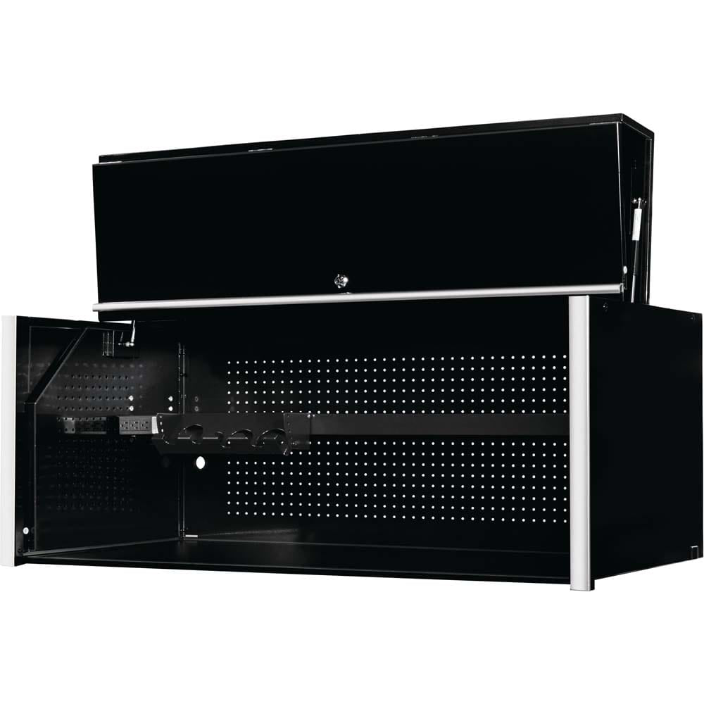 Black Extreme Tools Best Toolbox Hutch With An Open Upper Compartment And Silver Accents On The Edges