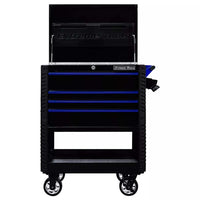 Black Extreme Tools Cart With Blue Accents Featuring An Open Lid And Equipped With Large Casters
