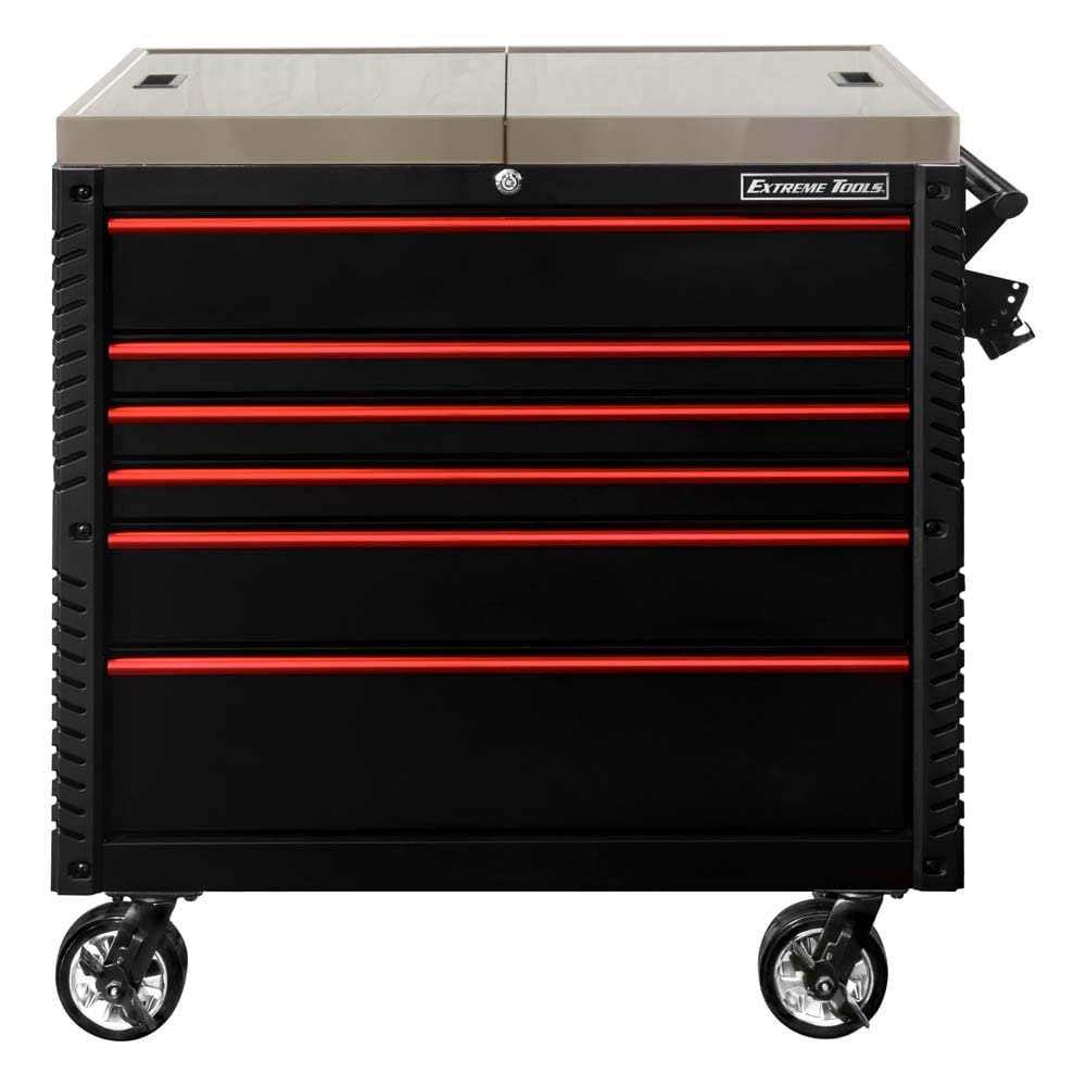 Black Extreme Tools Cart With Red Drawer Handles Caster Wheels And A Stainless Steel Top With All Drawers Closed