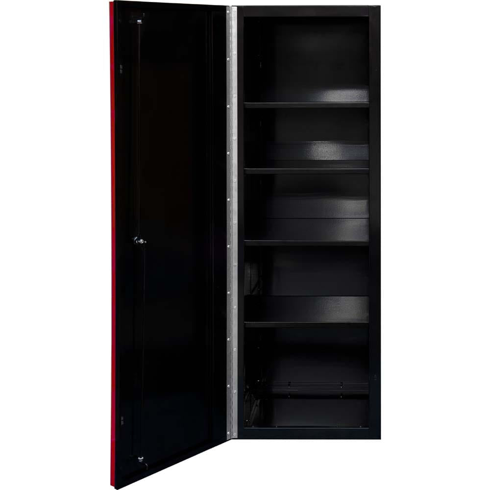 Black Extreme Tools DX 19 Side Locker With Red Vertical Stripes Featuring Several Black Shelves