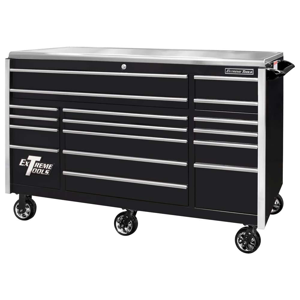 Black Extreme Tools EX Drawers Featuring Multiple Chrome Accented Drawers And A Stainless Steel Top Set On Caster Wheels
