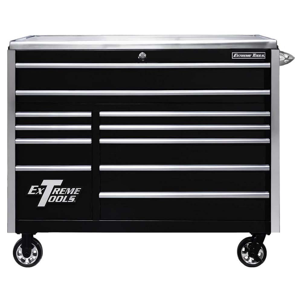 Black Extreme Tools EX Roller Cabinet With Silver Drawer Handles And A Top Work Surface Mounted On Caster Wheels
