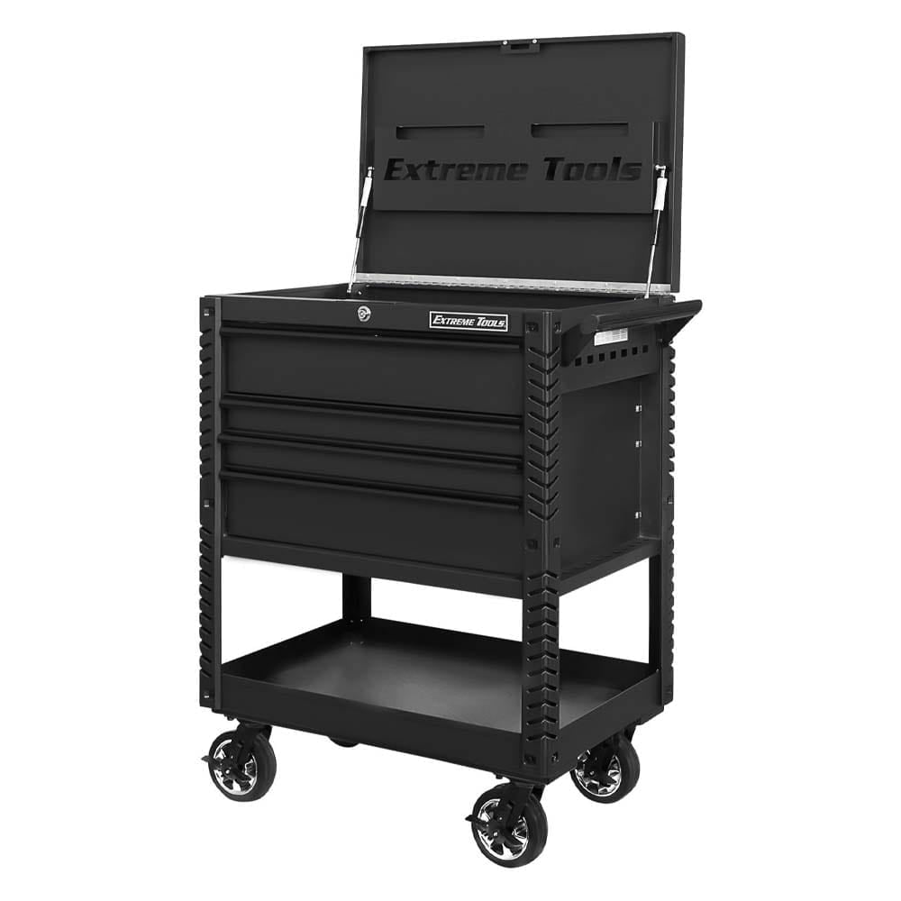 Black Extreme Tools EX Series Tool Cart With An Open Lid Revealing The Top Storage Compartment