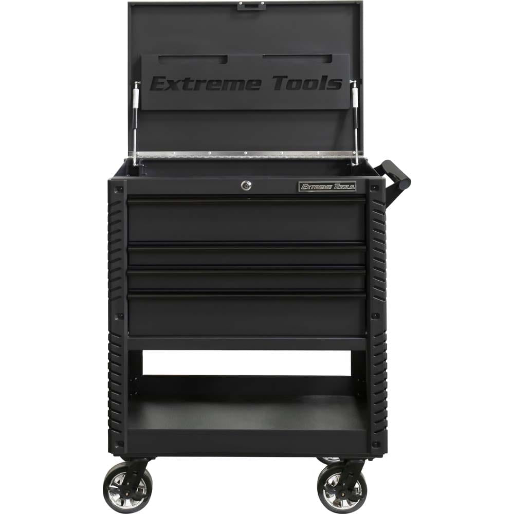 Black Extreme Tools EX Tool Cart With An Open Lid, Featuring Three Drawers And A Lower Shelf With The Cart Mounted On Large Casters