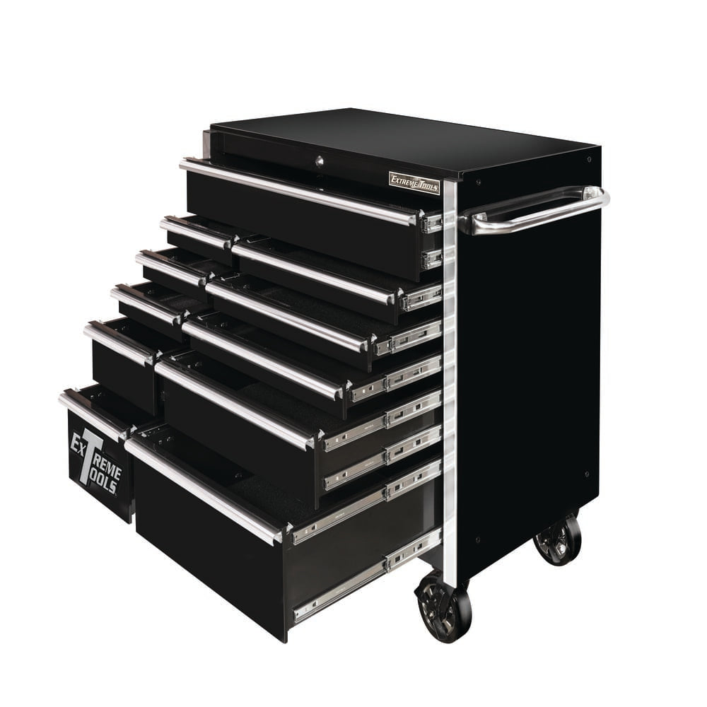Black Extreme Tools Giant Tool Boxes With Multiple Drawers Open, Highlighting The Drawer Storage Capacity And Smooth Sliding Mechanism