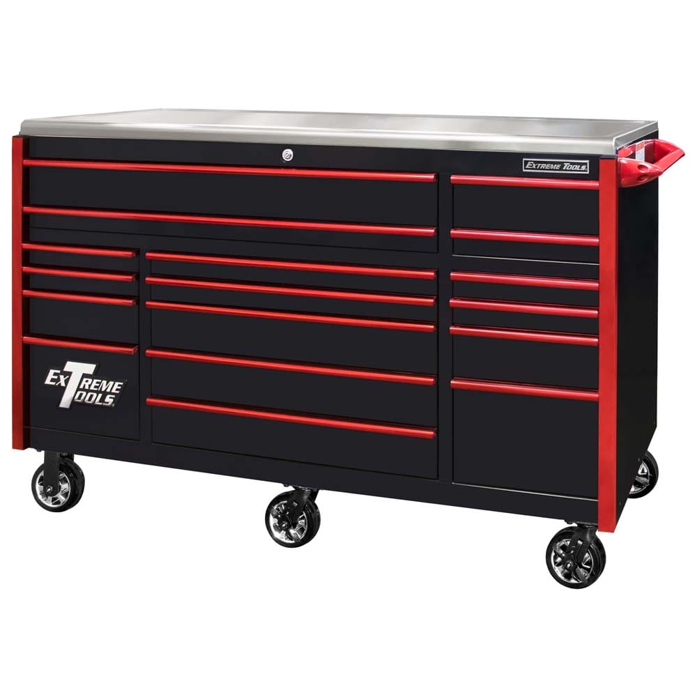 Black Extreme Tools Heavy Duty Roller Cabinet With Multiple Red Accented Drawers And A Stainless Steel Top Mounted On Caster Wheels