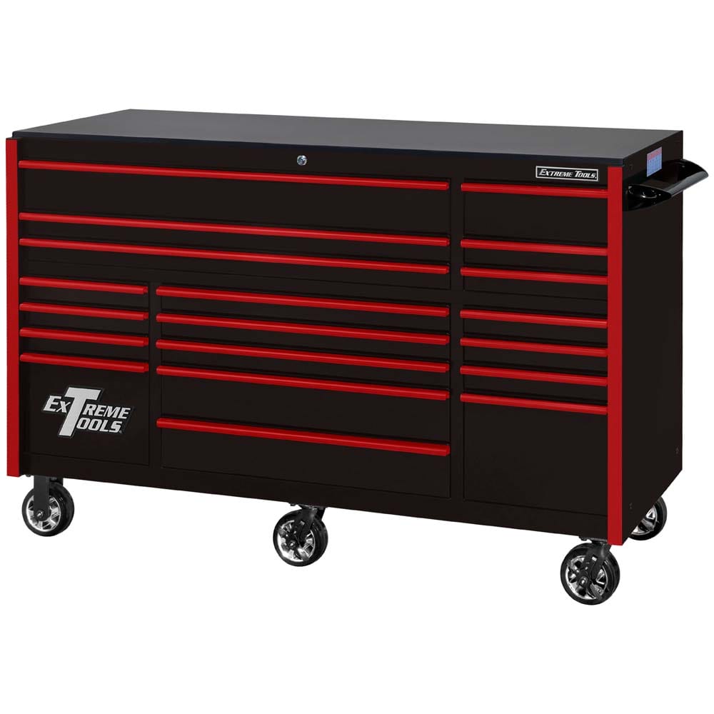 Black Extreme Tools RX Series Tool Chest With Red Drawer Handles And Wheels Featuring The Extreme Tools Logo On The Front