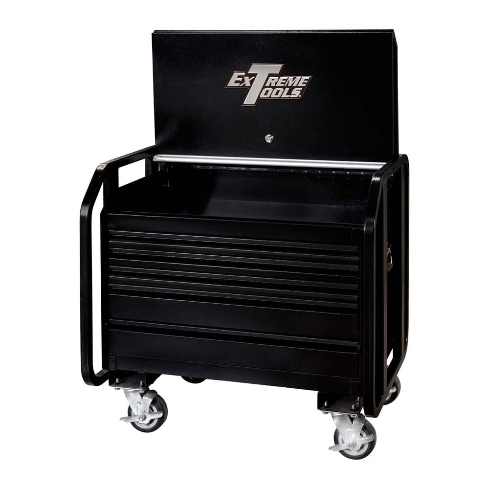 Black Extreme Tools Road Box With Multiple Drawers, A High Back Panel Featuring The Extreme Tools Logo, And Is Equipped With Optional Caster Wheels For Mobility