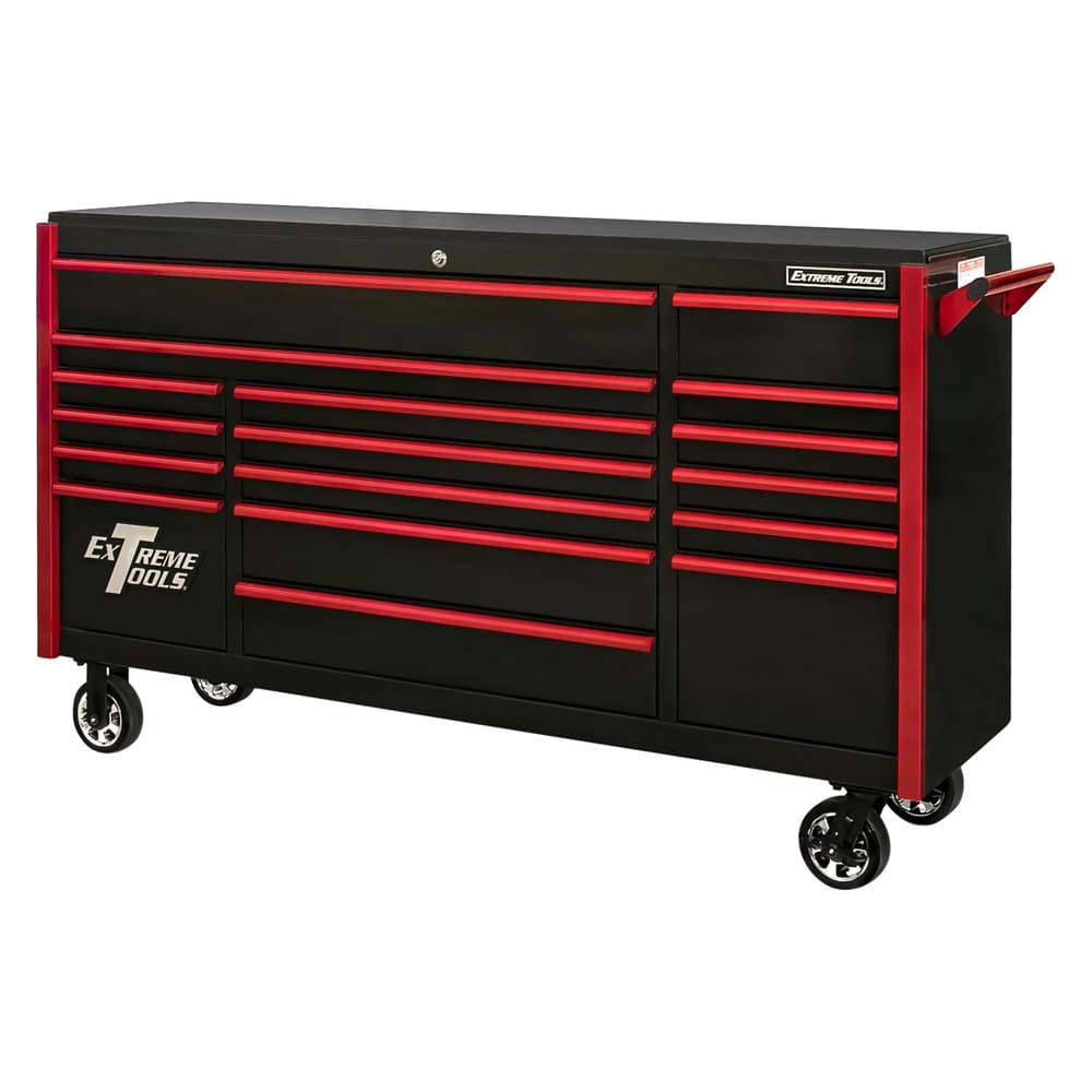 Black Extreme Tools Roller Cabinet Tool Box With Multiple Red Trimmed Drawers And A Side Handle