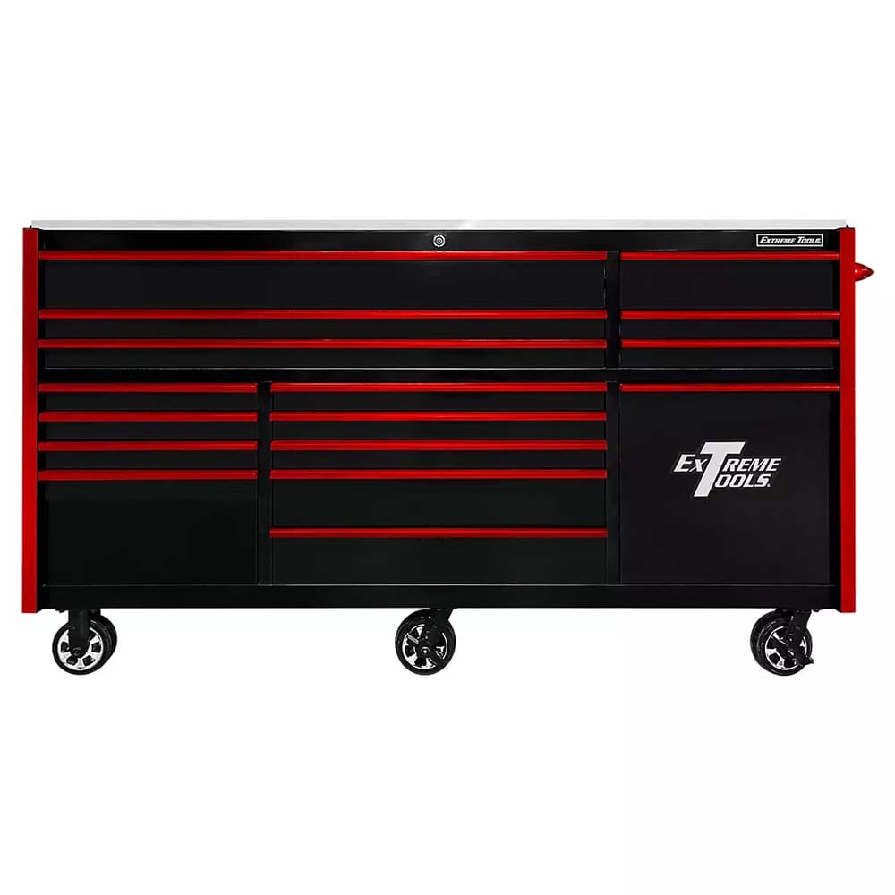 Black Extreme Tools Rolling Tool Cabinet Accented With Red Drawer Handles And Trim Built For High-Capacity Professional Tool Storage