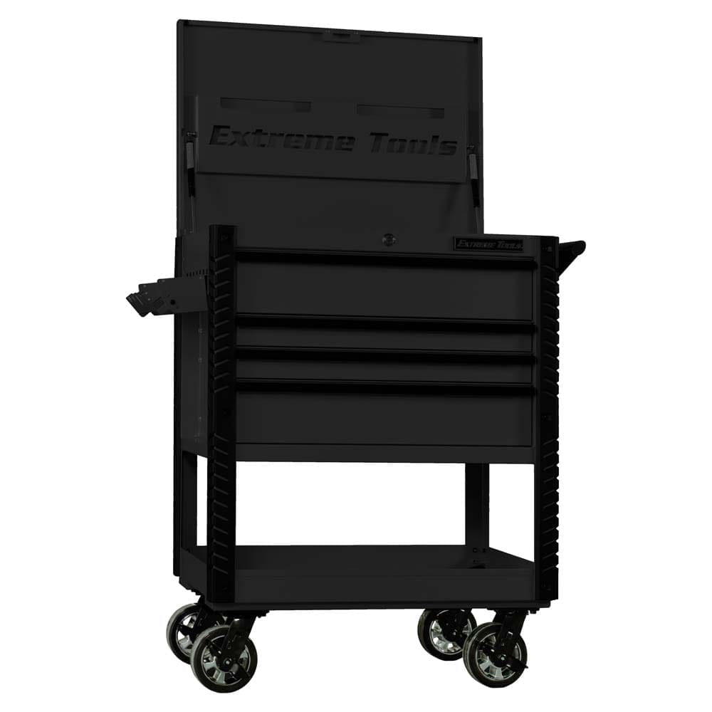 Black Extreme Tools Rolling Tool Cart With An Open Lid, Featuring Three Drawers And A Lower Shelf All Mounted On Large Casters