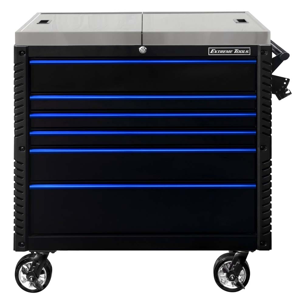 Black Extreme Tools Rolling Tool Cart With Blue Drawer Handles, Caster Wheels, And A Stainless Steel Top With All Drawers Closed