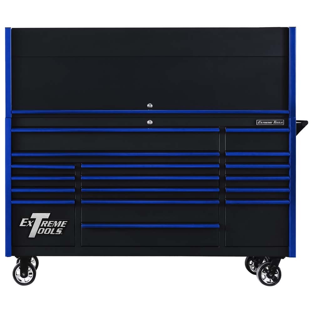 Black Extreme Tools Rolling Tool Chest Accented With Blue Trim Featuring A Closed Top Section And A Wide Array Of Secured Drawers On Caster Wheels