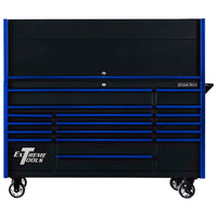 Black Extreme Tools Rolling Tool Chest Accented With Blue Trim Featuring A Closed Top Section And A Wide Array Of Secured Drawers On Caster Wheels