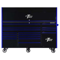 Black Extreme Tools Rolling Tool Chest Accented With Blue Trim Featuring Multiple Drawers And Caster Wheels For Mobility
