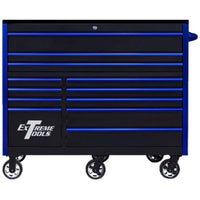 Black Extreme Tools Rolling Tool Chest With Multiple Blue Handled Drawers Mounted On Caster Wheels