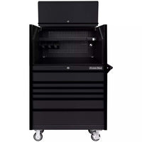 Black Extreme Tools Rolling Tool Chest With Multiple Drawers An Open Top Section Featuring A Pegboard Back, A Shelf, And A Side Handle
