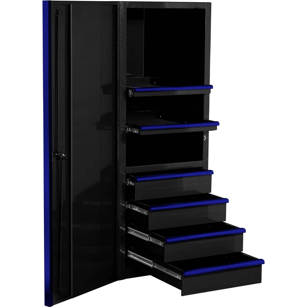 Black Extreme Tools Side Cab Tool Box With Its Door Open, Revealing Several Black Drawers With Blue Edges And Shelves Inside