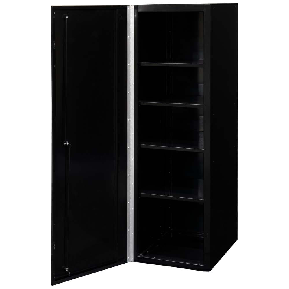 Black Extreme Tools Side Cabinet For Toolbox Open Revealing Multiple Shelves Inside
