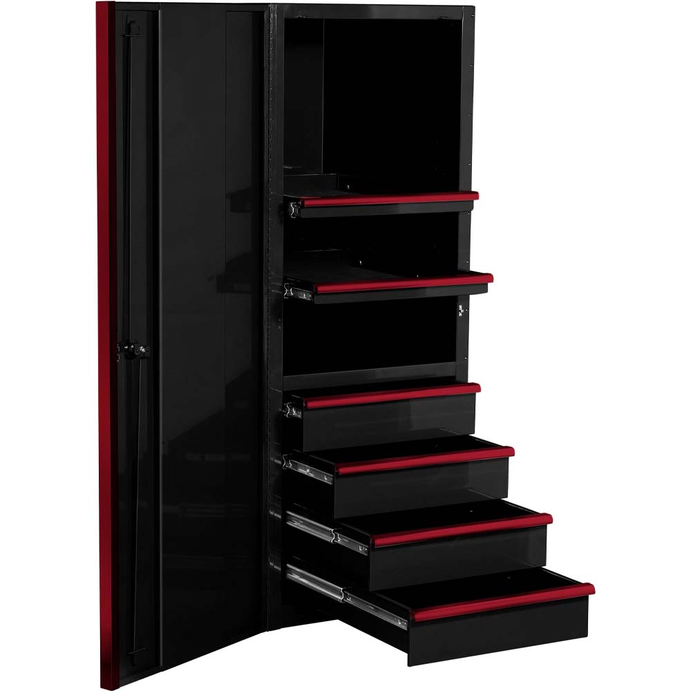 Black Extreme Tools Side Cabinet For Toolbox With Its Door Open, Revealing Several Black Drawers With Red Edges And Shelves Inside
