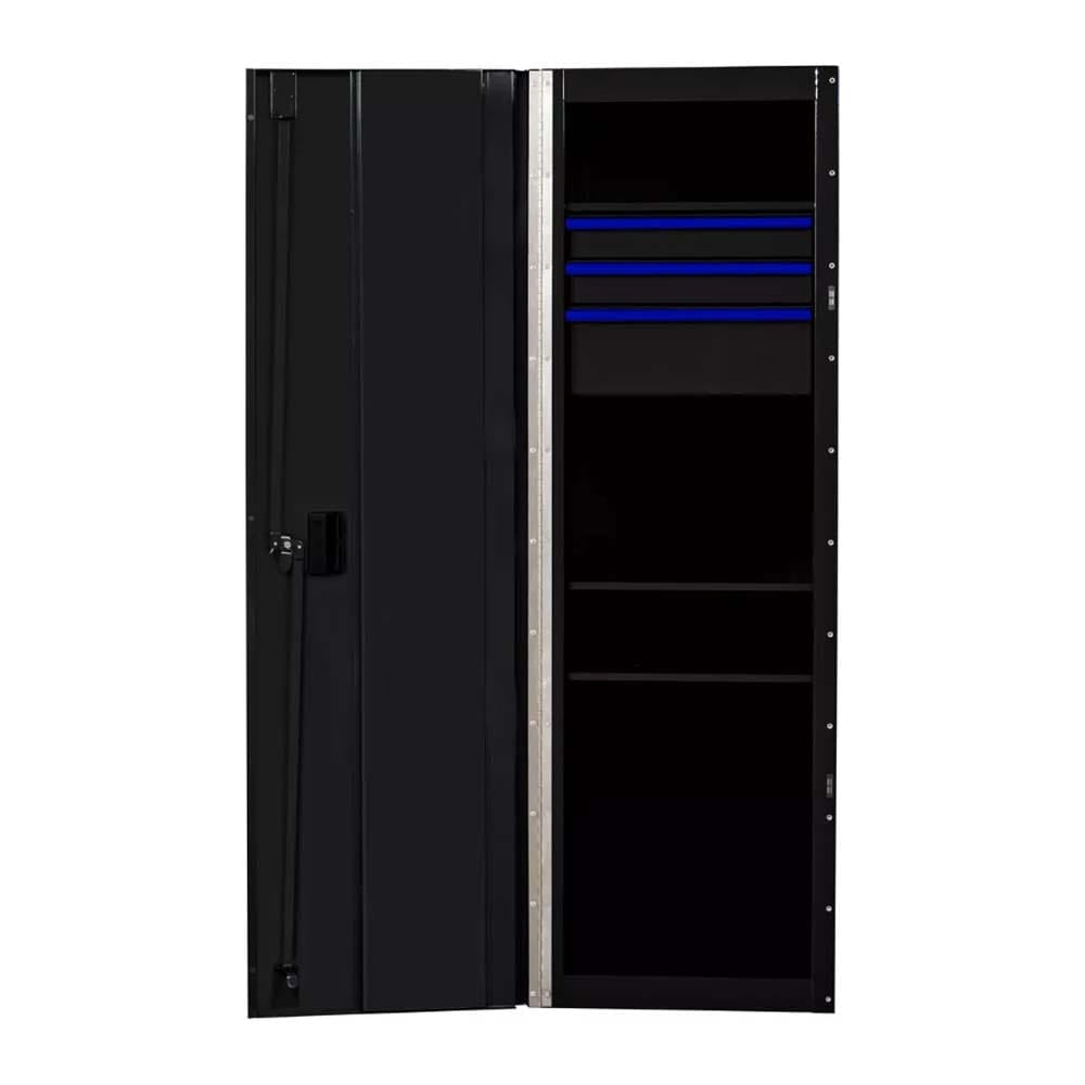 Black Extreme Tools Side Cabinet Tool Box Locker With Its Door Open Revealing Three Blue Drawers And The Three Shelves Inside