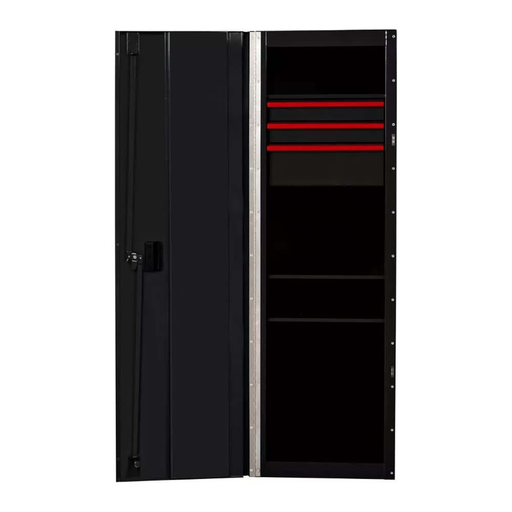 Black Extreme Tools Small Side Cabinet Tool Box With Its Door Open, Revealing Three Red Drawers And Three Shelves Inside
