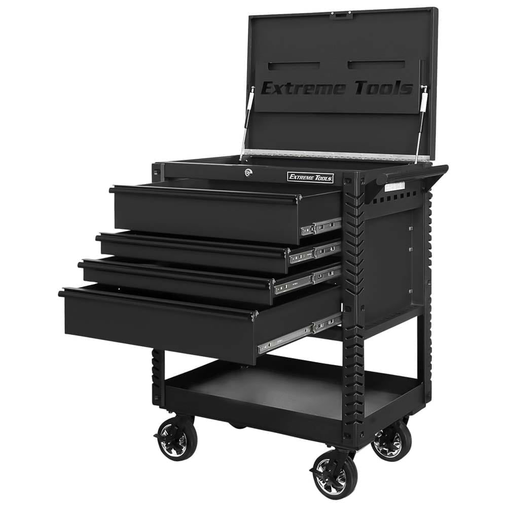 Black Extreme Tools Tool Cart 33 With An Open Lid And Four Partially Opened Drawers Featuring A Lower Shelf And Large Casters