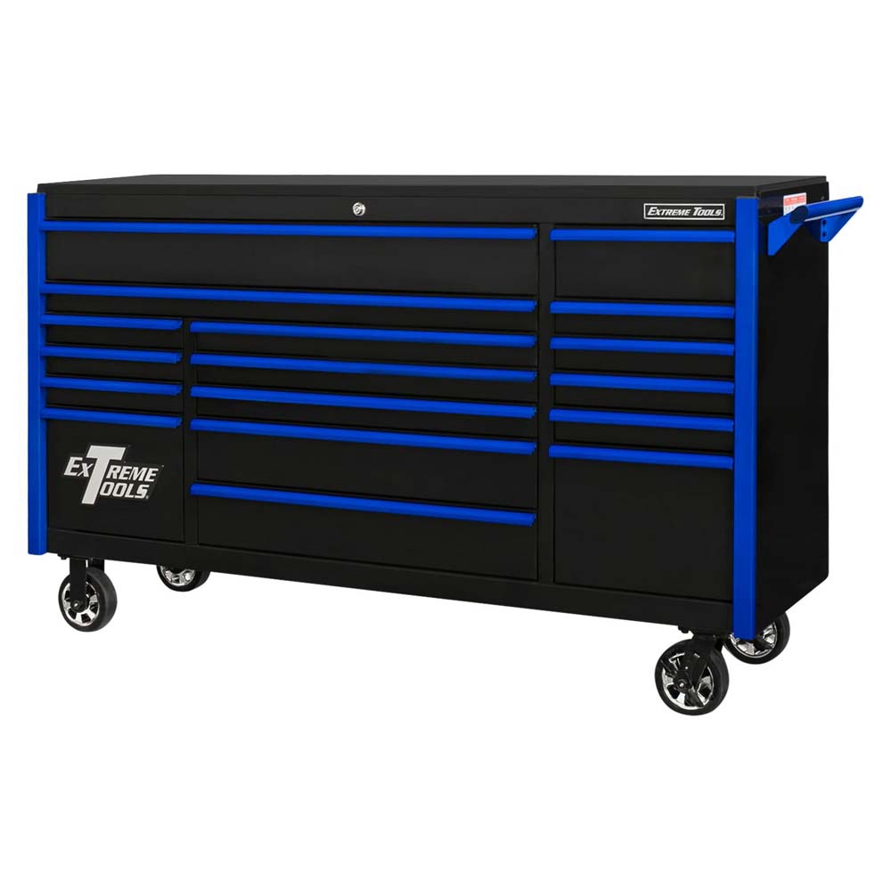 Black Extreme Tools Tool Chest On Wheels With Multiple Blue Trimmed Drawers And A Side Handle