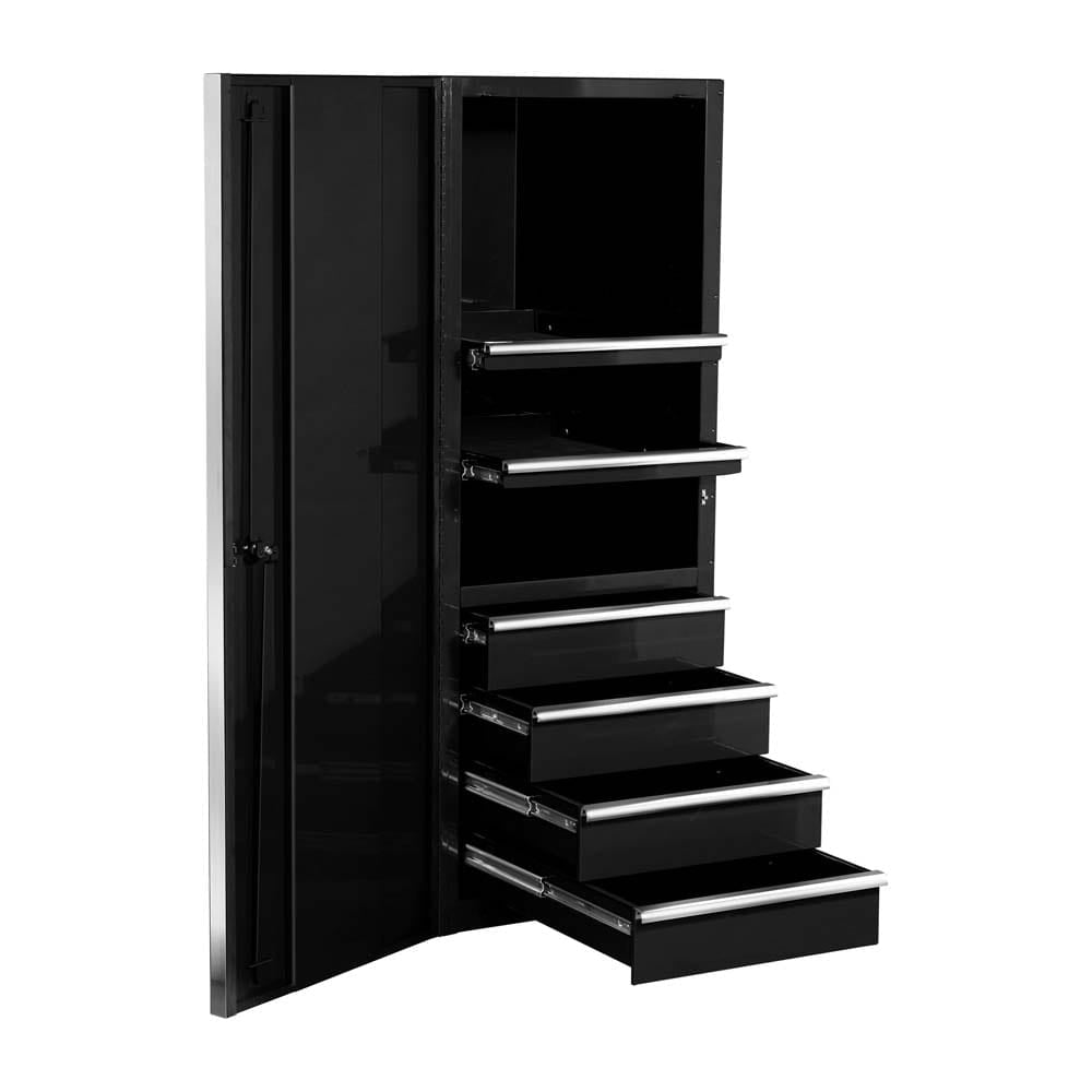 Black Extreme Tools Tool Chest Side Cabinets With Multiple Drawers Of Varying Sizes All Of Which Are Open, Displaying The Cabinets Interior
