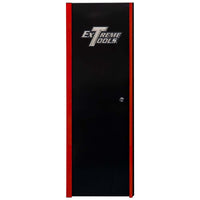 Black Extreme Tools Tool Chest Side Cabinets With Red Vertical Stripes On Both Sides Of The Door