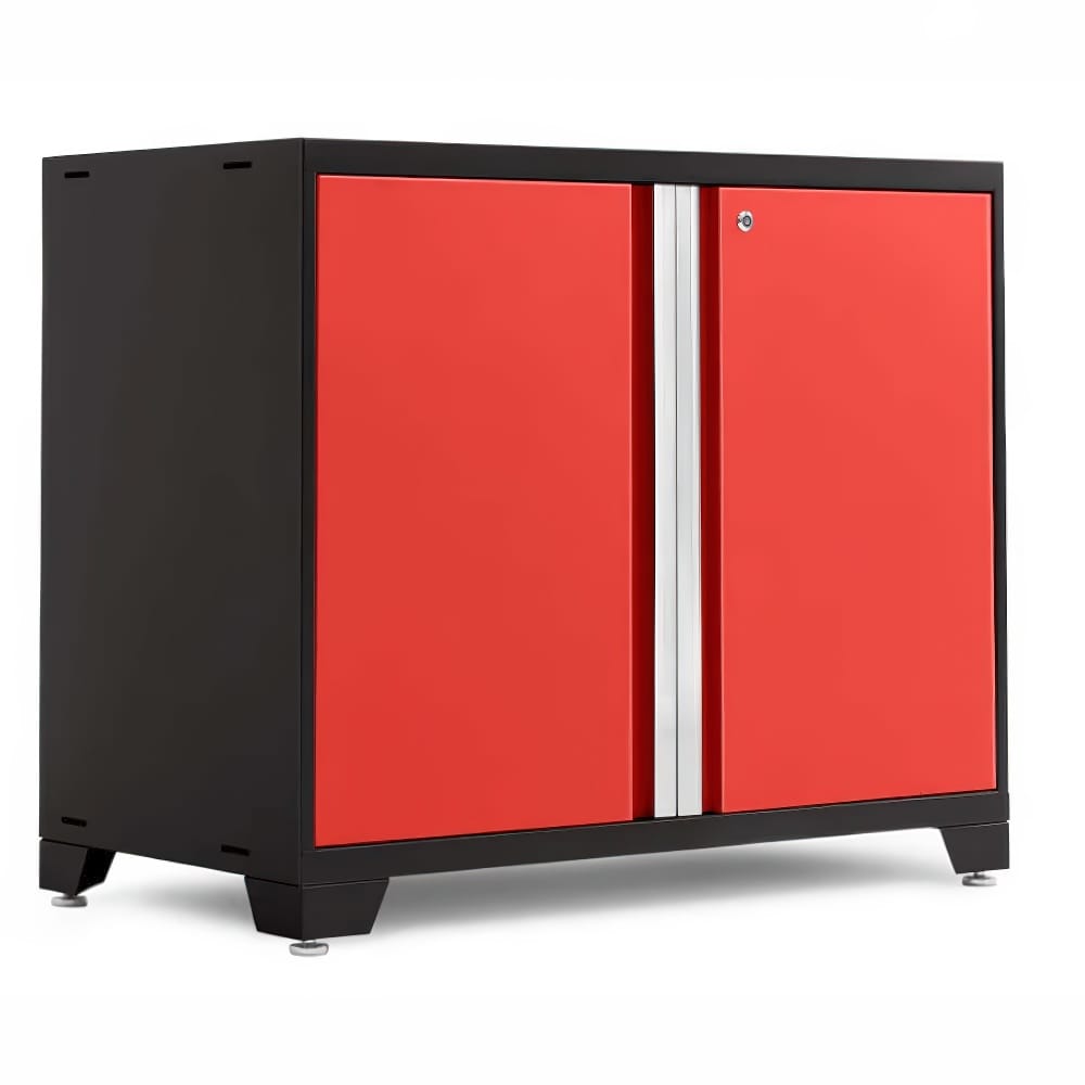 Black Floor Cabinet With Bright Red Double Doors And Silver Center Handle Panel