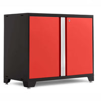 Black Floor Cabinet With Bright Red Double Doors And Silver Center Handle Panel
