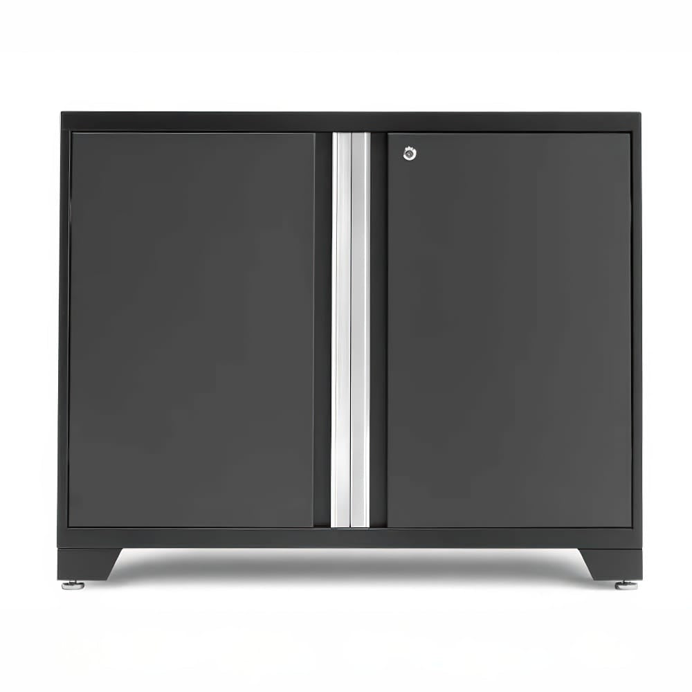 Black Floor Cabinet With Closed Double Doors And Central Silver Handle Panel