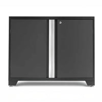 Black Floor Cabinet With Closed Double Doors And Central Silver Handle Panel
