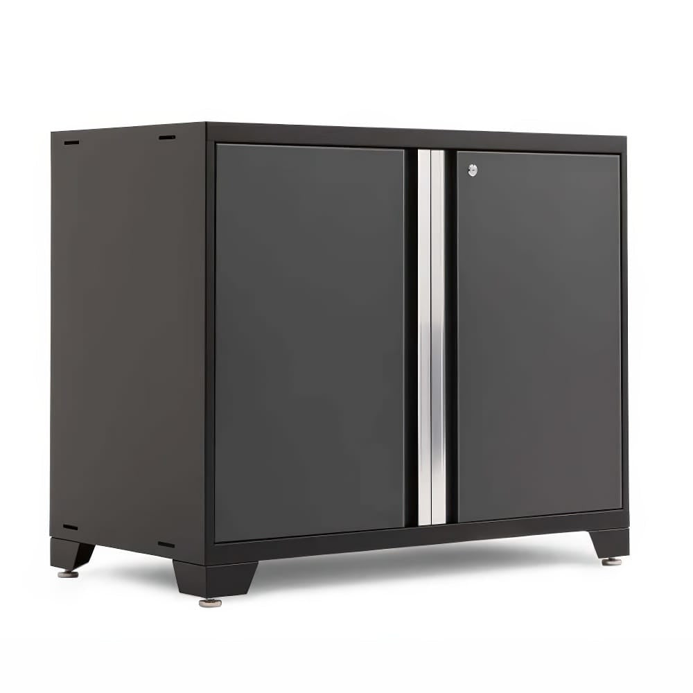 Black Floor Cabinet With Closed Double Doors And Silver Center Handle Trim