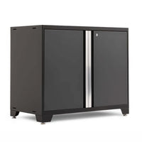 Black Floor Cabinet With Closed Double Doors And Silver Center Handle Trim