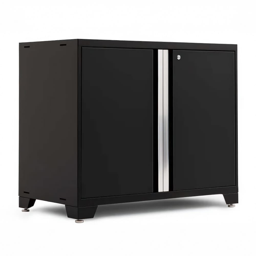 Black Floor Cabinet With Double Doors And Silver Center Handle Panel