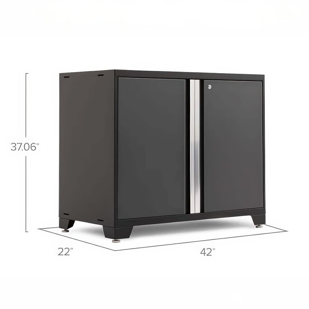 Black Floor Cabinet With Closed Double Doors And Central Silver Handle Panel