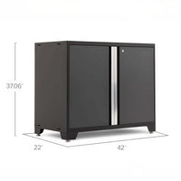 Black Floor Cabinet With Closed Double Doors And Central Silver Handle Panel