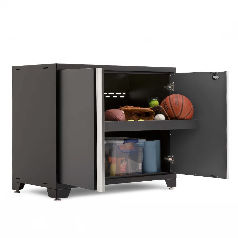 Black Floor Cabinet With Open Doors Showing Shelves Filled With Sports Equipment And Storage Bins