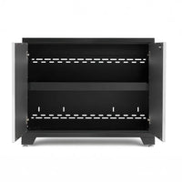 Black Floor Cabinet With Open Double Doors Revealing Interior Shelf And Vented Back Panel