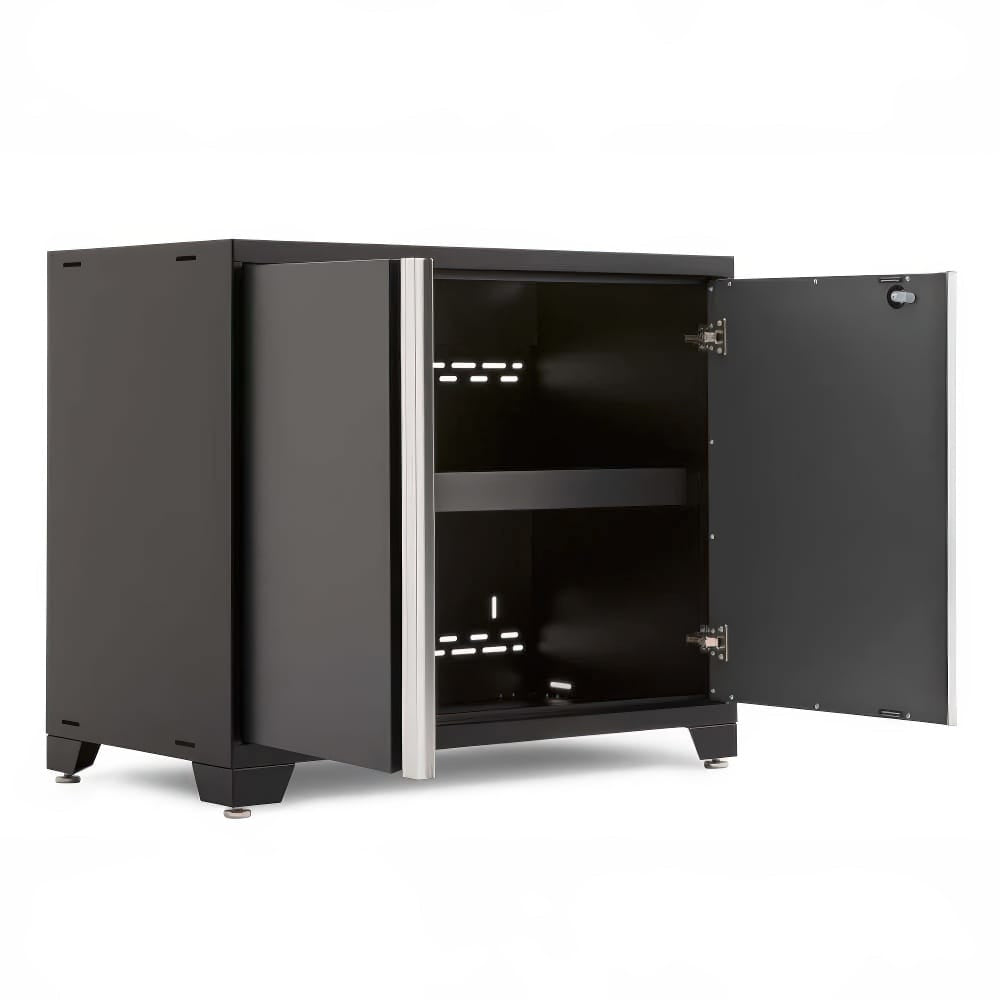 Black Floor Cabinet With Open Double Doors Revealing One Interior Shelf And Vented Back Panel