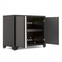 Black Floor Cabinet With Open Double Doors Revealing One Interior Shelf And Vented Back Panel