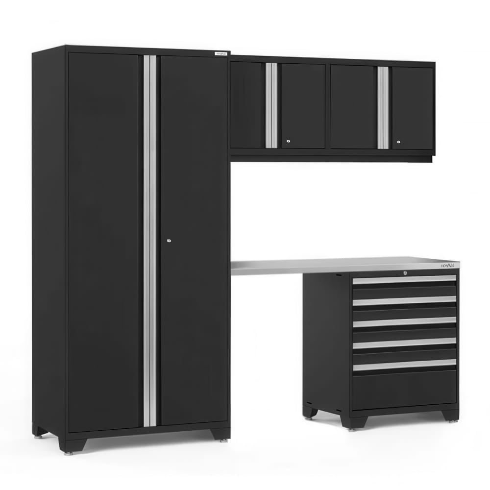 Black Garage Cabinet Ensemble With Tall Locker Three Wall Cabinets Stainless Steel Worktop And Six Drawer Roller Cabinet